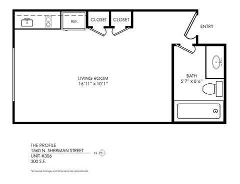 Floor plan for studio, 1 bath, 370 sqft